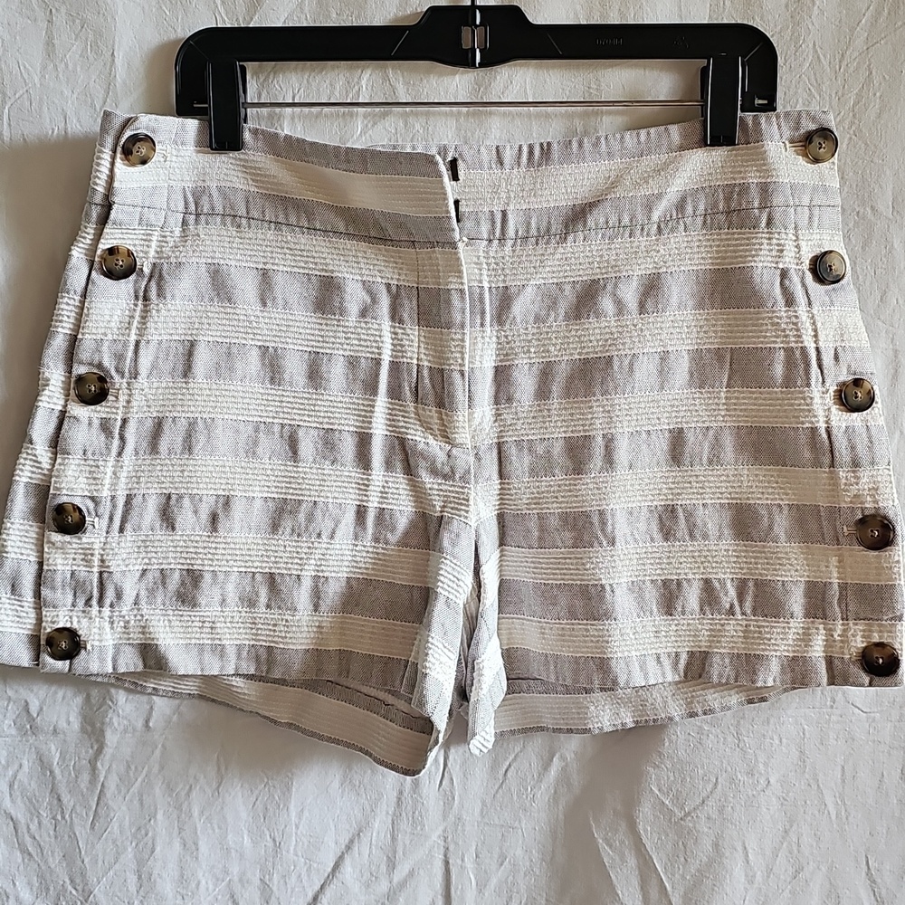 LOFT Cream & Gray Striped High-Rise Side-Button Shorts